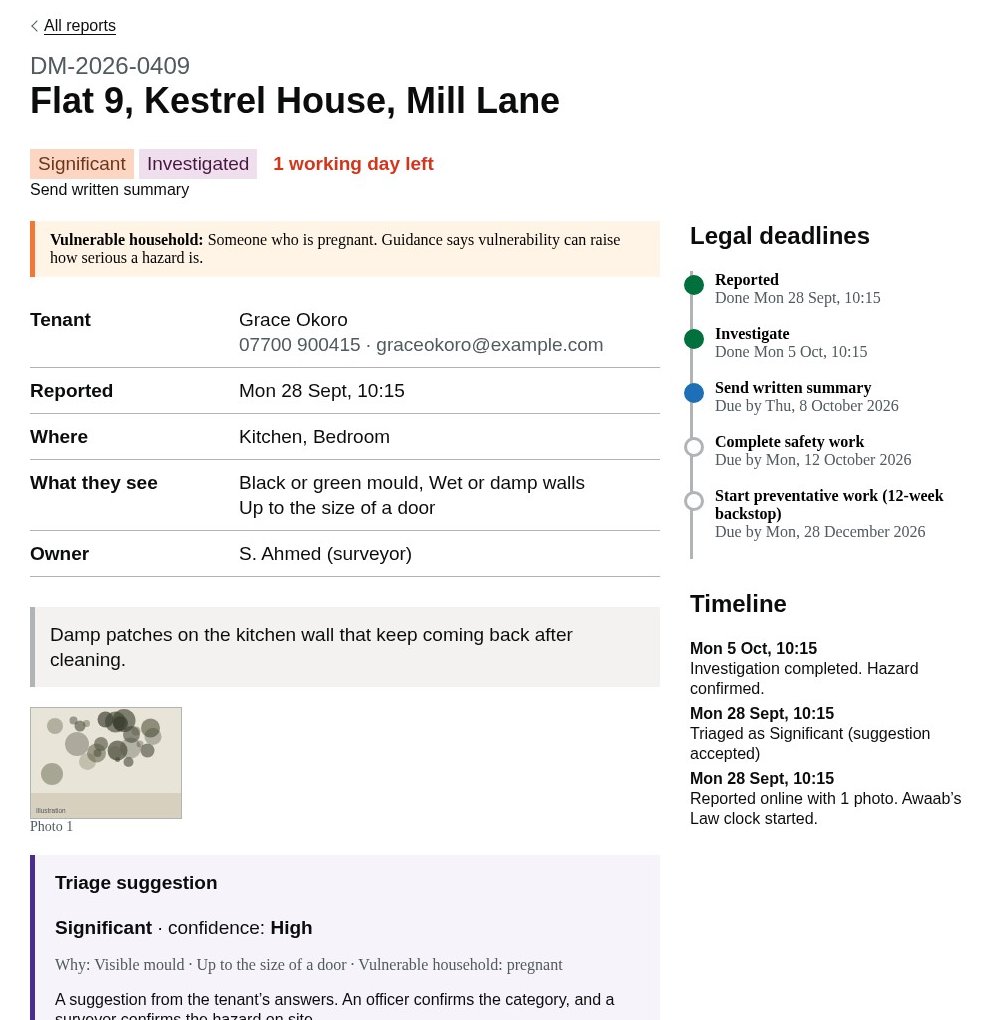 Damp and mould case with vulnerable household banner, tenant details, photo and legal deadlines