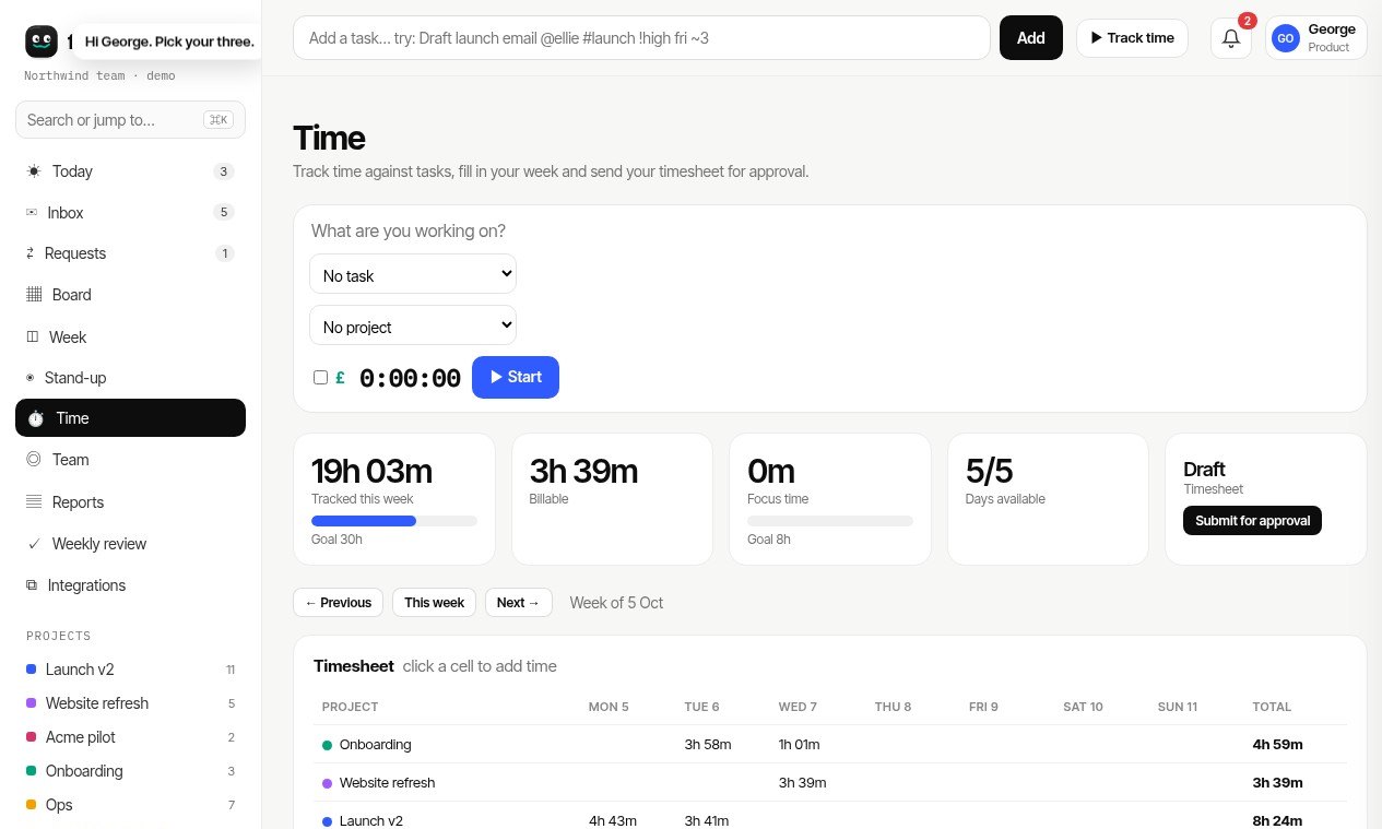 Time page with timer and timesheet
