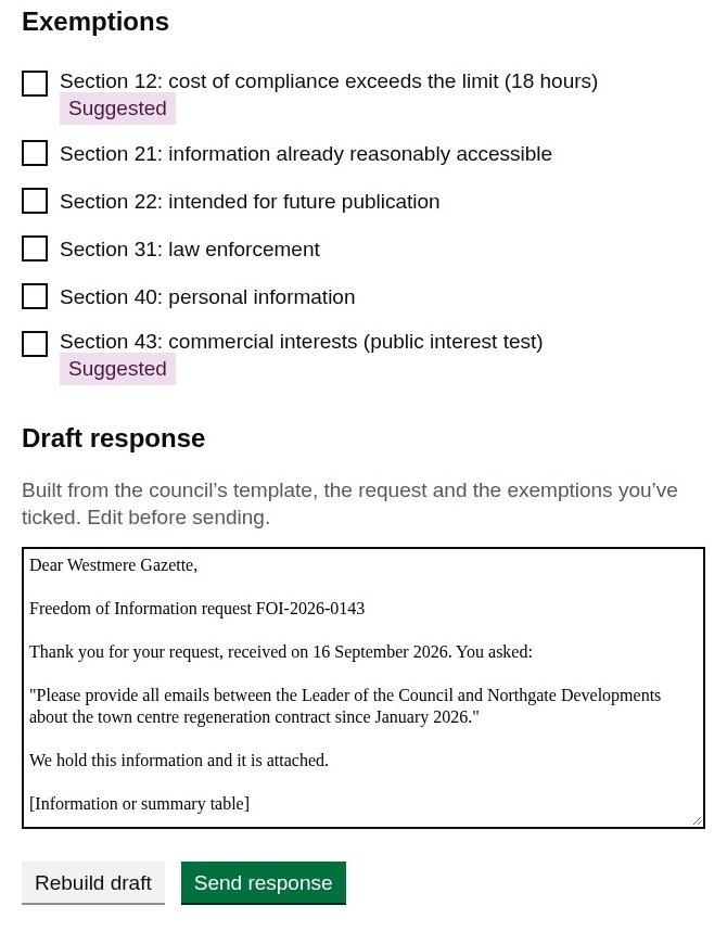 Exemptions checklist with suggested sections and a draft response