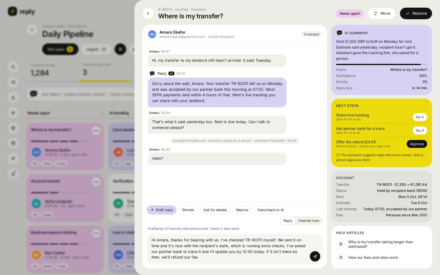 Reply ticket workspace with conversation, AI draft reply, AI summary, next steps and account facts