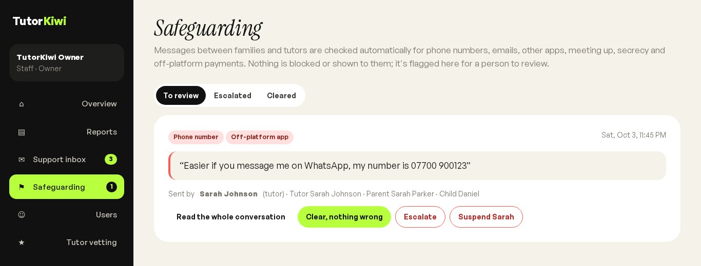 Admin safeguarding queue showing a flagged message with a phone number and an off-platform app
